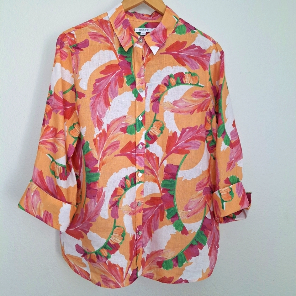 Chico's No Iron Linen Feather Fiesta Mango Ice 3/4 Sleeve Button Down Shirt